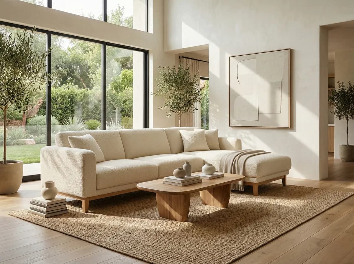 Sample source image: a cream sectional with a chaise, wooden coffee table, rug, and tall windows