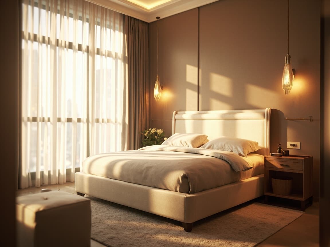 AI-generated luxury bedroom with cream upholstered bed frame and soft linen bedding