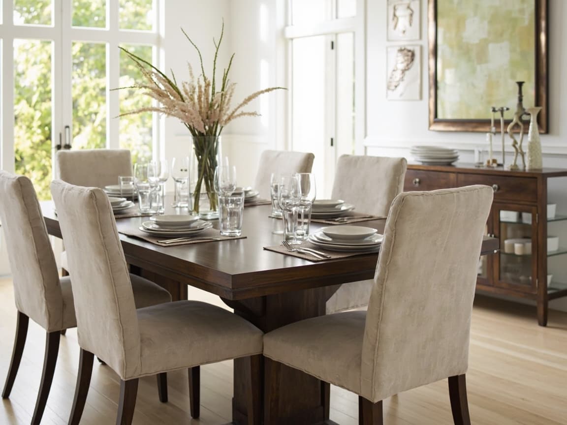 AI-generated dining set featuring a dark wood dining table with six beige upholstered chairs as the hero focal point