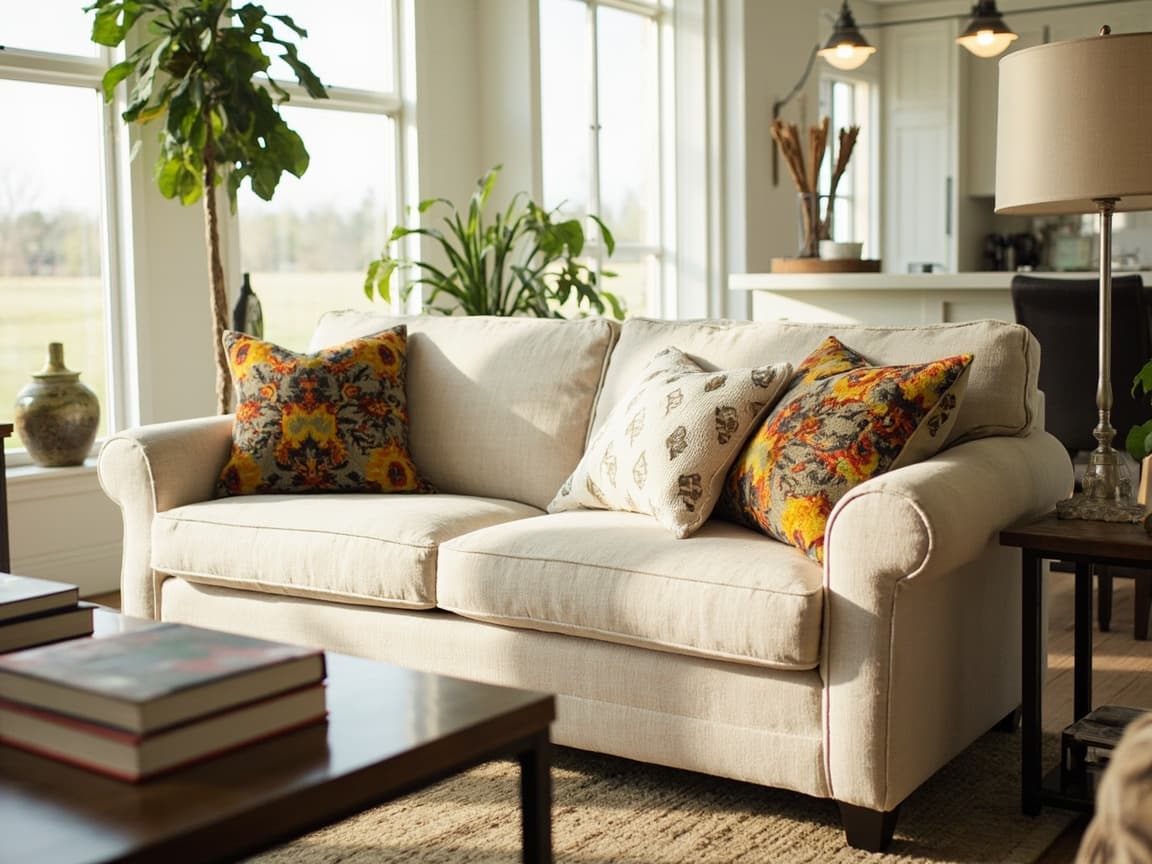 Cream sofa in a sunlit living room, illustrating furniture campaign creative