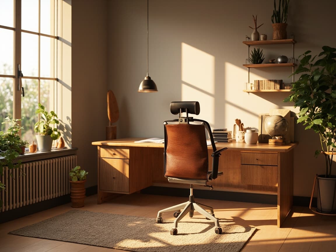 AI-generated home office with wooden desk, ergonomic chair, and plants