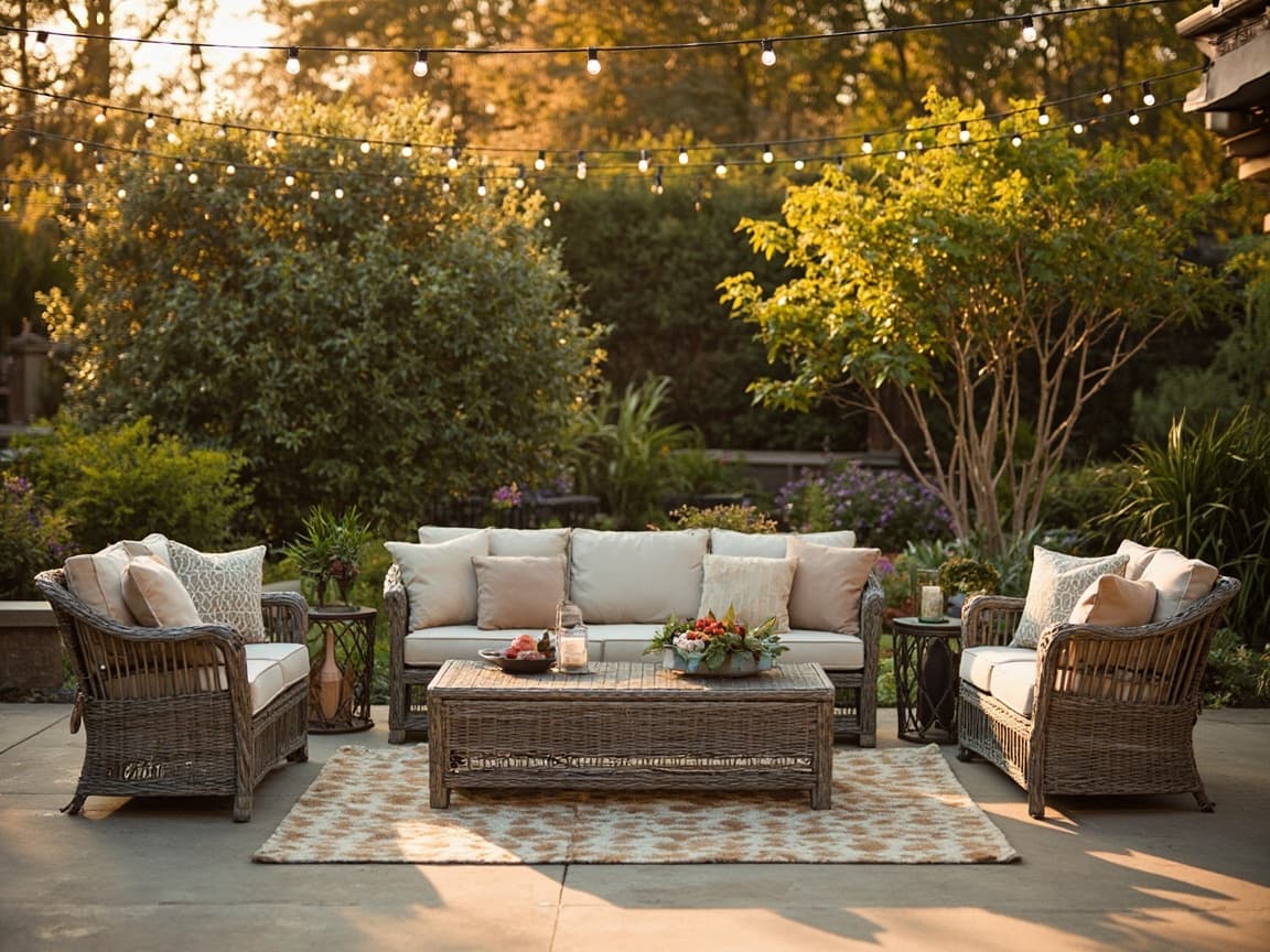 AI-generated outdoor patio with wicker sofa set, cushions, and string lights